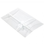 Clear Plastic Pillow Boxes with Printed White Ribbon