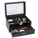 Black Leather Jewelry Storage Case w/Drawer Glass Top Lock and Key box Display