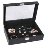 Black Leather Jewelry Storage Case Glass Top Box Display with Lock and Key