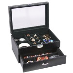 Black Leather Carbon Fiber Jewelry Storage Case w/Drawer Glass Top Lock and Key box Display
