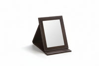 A small rectangle foldable mirror with a brown frame, standing upright on a white background.