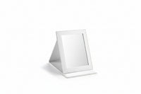 A white, small rectangle foldable mirror standing on a flat surface with a white background.