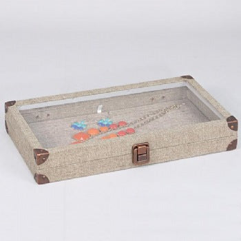 Glass Top Burlap Wood Box, Hinged with Latch