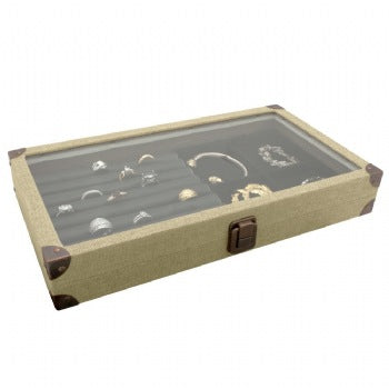 Glass Top Linen Wood Box, Hinged with Latch
