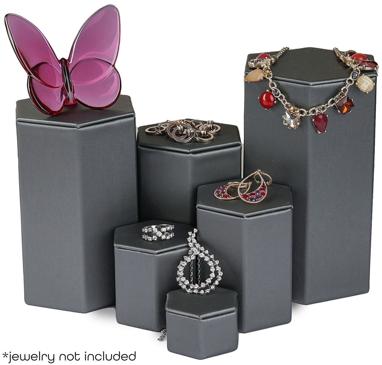 Novel Box Leatherette 6 Pc Hexagonal Risers In Brushed Steel Gray