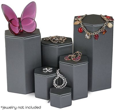Novel Box Leatherette 6 Pc Hexagonal Risers In Brushed Steel Gray