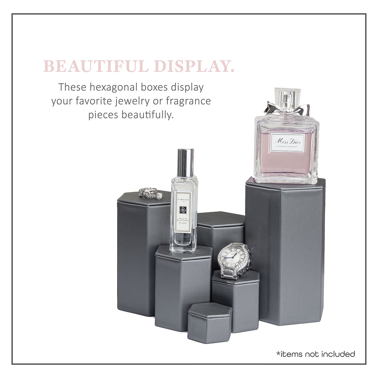 Novel Box Leatherette 6 Pc Hexagonal Risers In Brushed Steel Gray