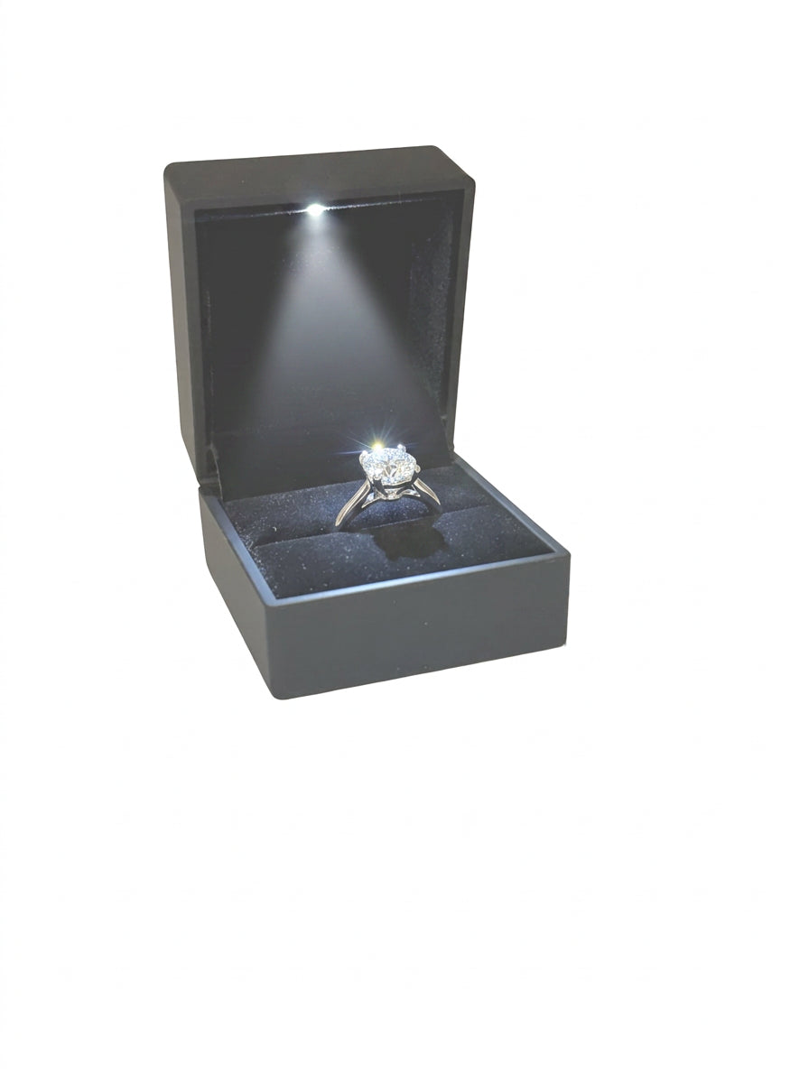 Black Leatherette LED Ring Box with ring inside