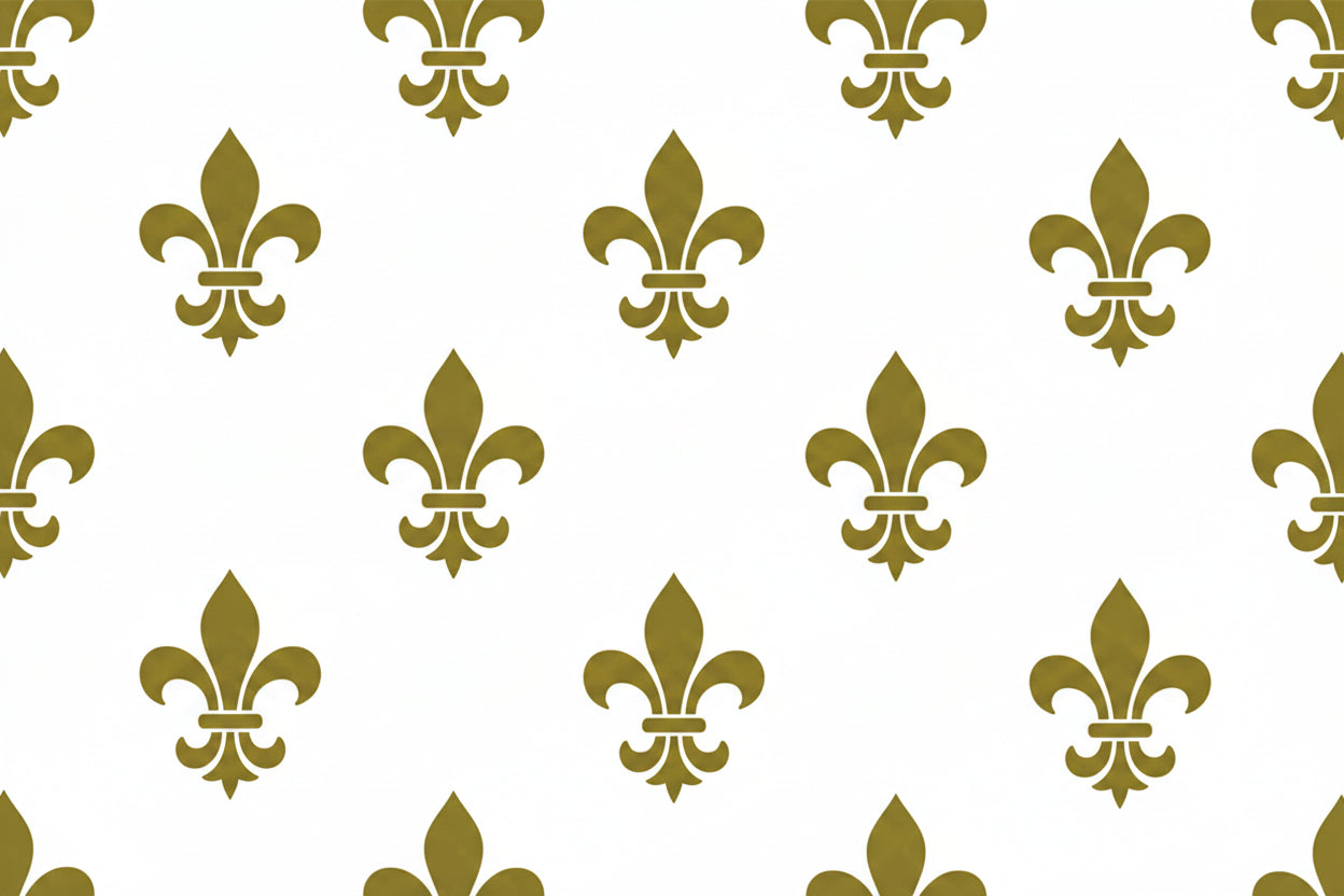 Pattern of gold fleur-de-lis symbols on a white background