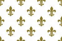 Pattern of gold fleur-de-lis symbols on a white background