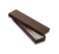 A chocolate brown kraft paper box with a cotton filled interior, presented open to display the interior.