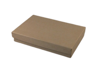 A kraft paper cotton filled box, closed and upright on a plain background.