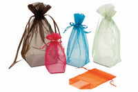 Assorted organza drawstring pouches with cardboard bottoms in different colors including brown, blue, green, pink, and orange.