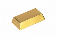 A gold colored novelty shaped gift box designed to resemble a bar of gold.