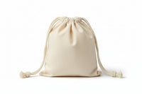 A beige cotton drawstring bag with a natural rope closure.