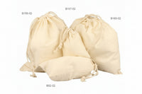 Three beige cotton bags with drawstrings, in different sizes, displayed against a white background.