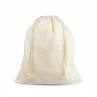 A beige cotton drawstring bag