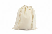 A beige cotton drawstring bag