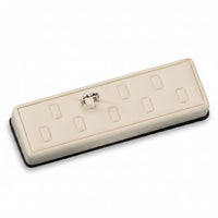 A chocolate and beige leatherette ring stand with multiple clips, suitable for displaying jewelry or accessories.