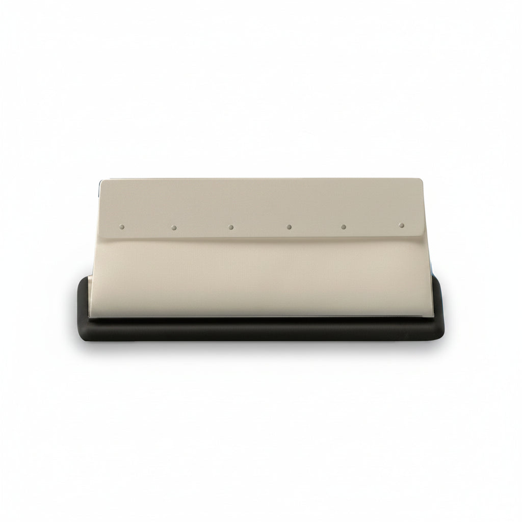 A chocolate and beige leatherette earring stand designed to hold three pairs of earrings.