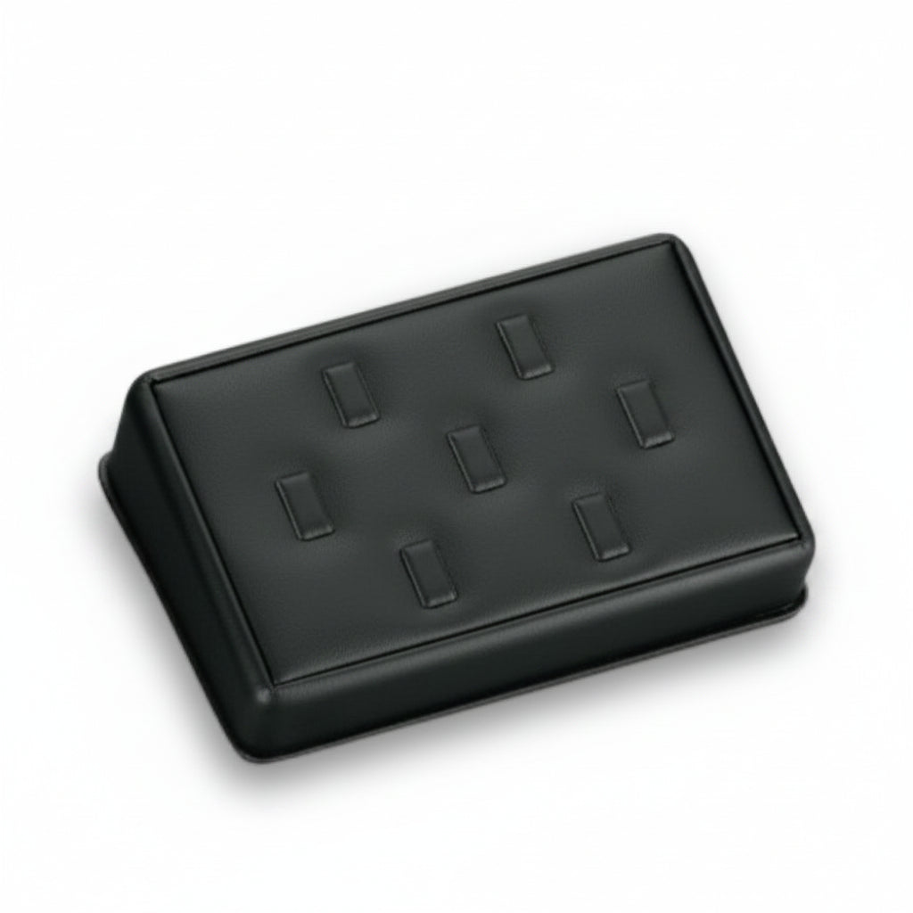 Black leatherette clip ring stand with seven individual clips on a white background