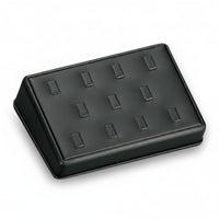 Black leatherette clip ring stand with multiple compartments for organizing items.