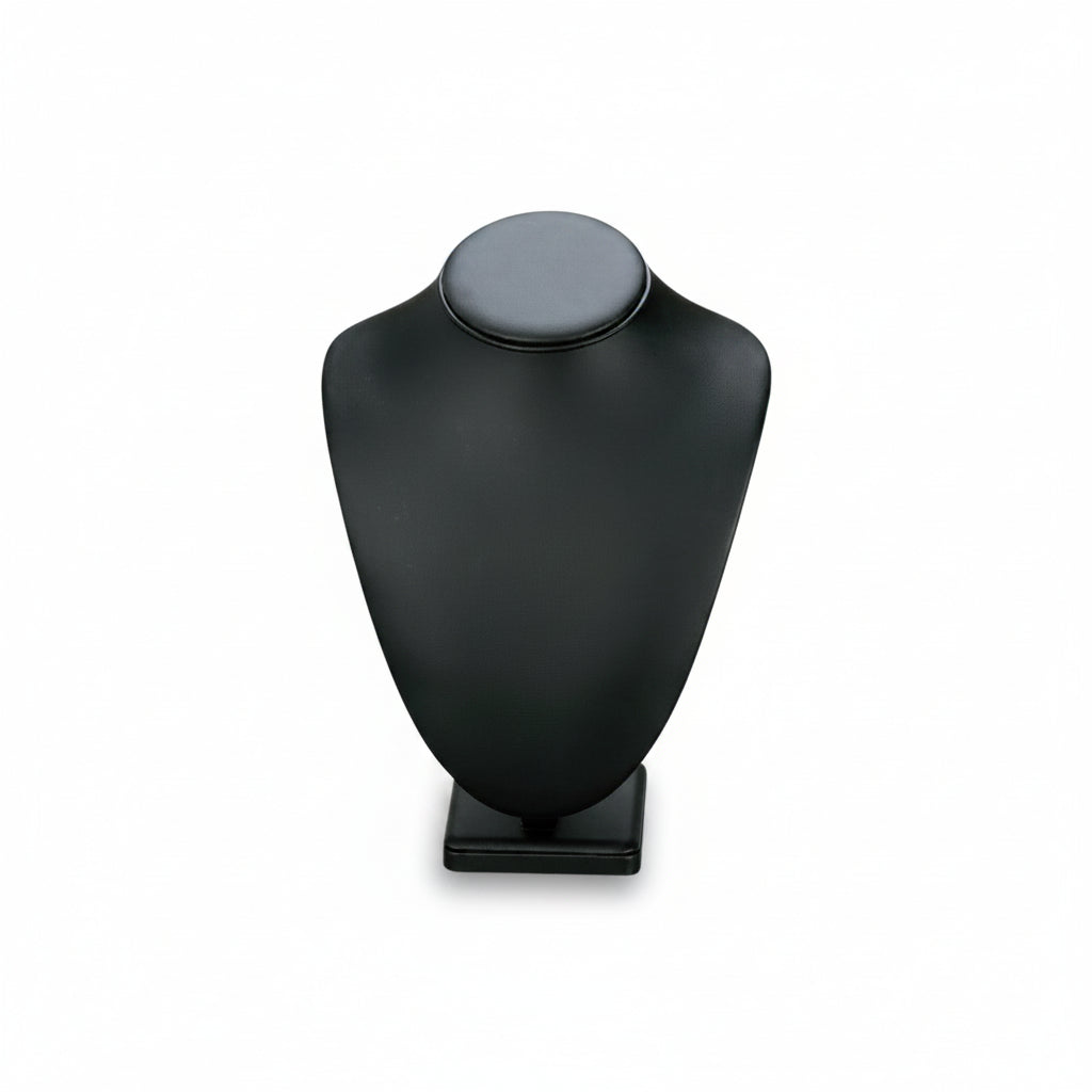 A black leatherette large wood neckform stand designed for displaying necklaces.