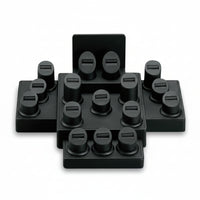 Black leatherette window display stands arranged in a pattern for showcasing products.