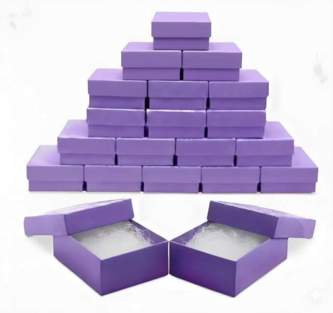 Stack of purple gift boxes with two open boxes 