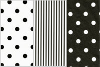 Three sheets of black and white printed tissue paper with different patterns, including dots, stripes, and a combination of dots and stripes.