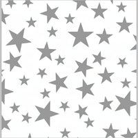 A sheet of tissue paper with a pattern of silver stars on a white background.