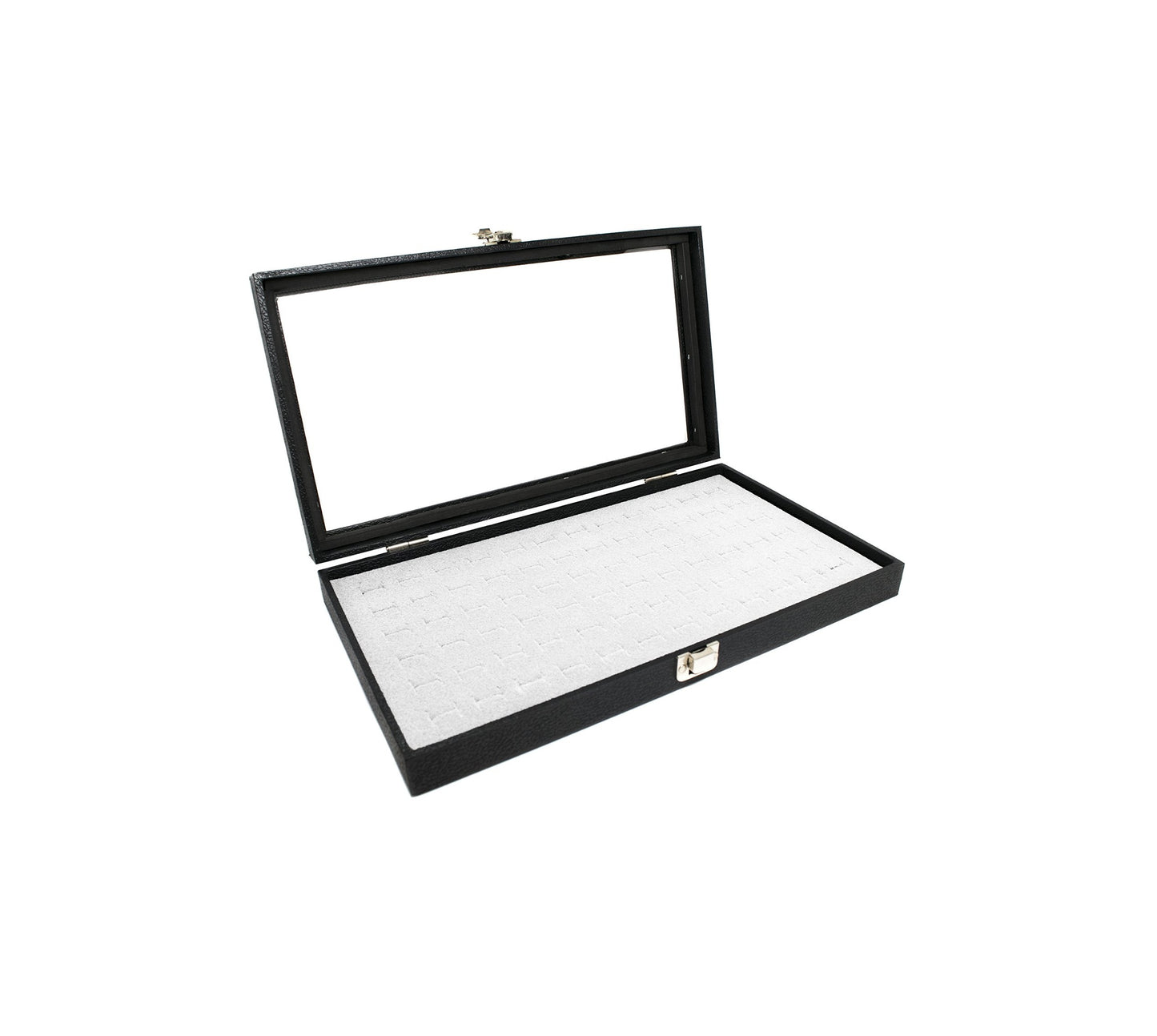 Glass Top Wood Box, Hinged with Latch, 72 White Ring Foam Insert
