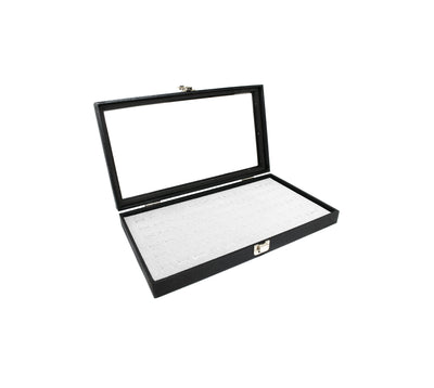 Glass Top Wood Box, Hinged with Latch, 72 White Ring Foam Insert