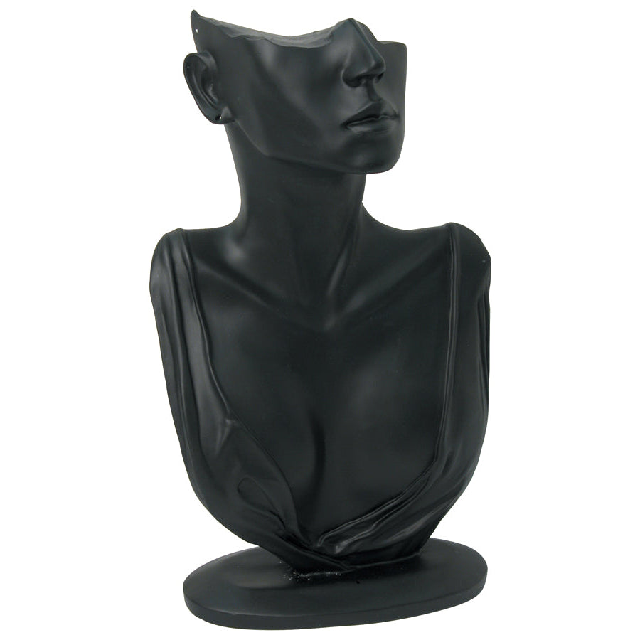 A black mannequin bust display designed to hold jewelry, with a smooth neck area and an earring hole.