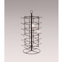 A bronze-colored rotating earring rack made of metal, designed to hold multiple earring cards.