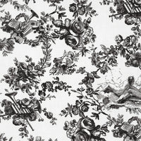 A sheet of black and white printed tissue paper with a classic floral and toile pattern.