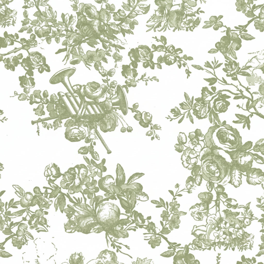 A sheet of sage green and white floral toile printed tissue paper.