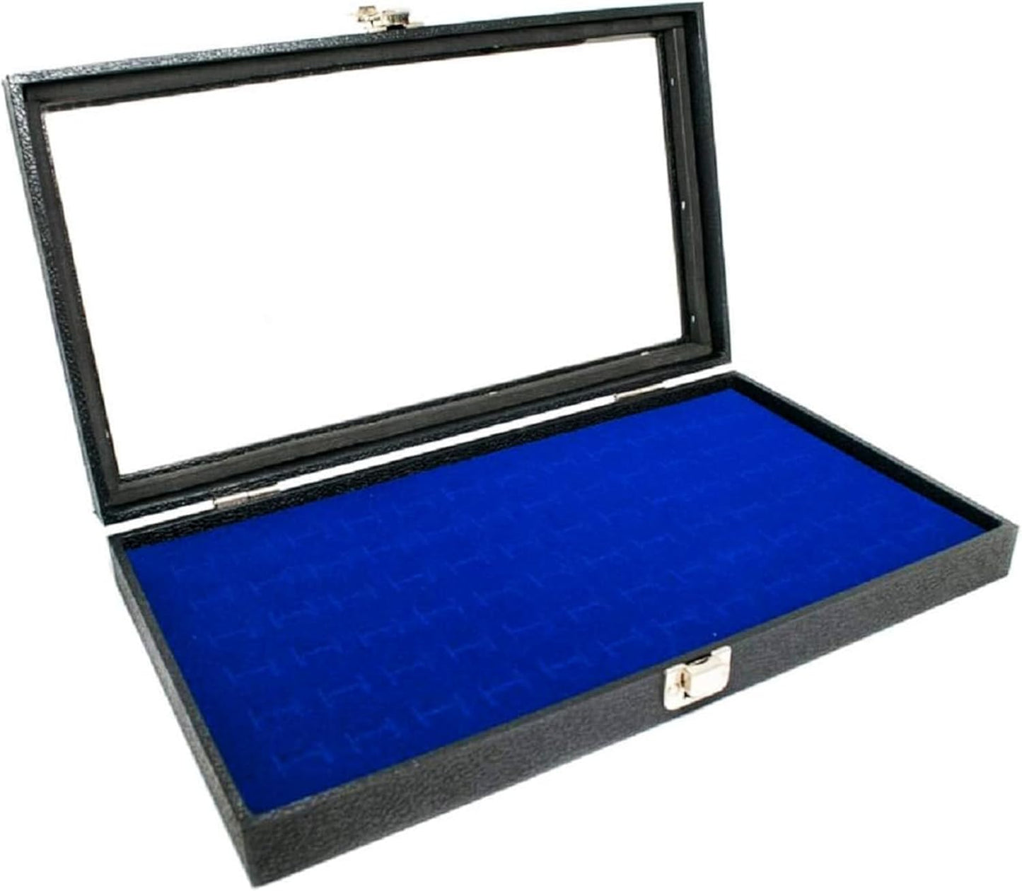 Glass Top Wood Box, Hinged with Latch, 72 Black Ring Foam Insert