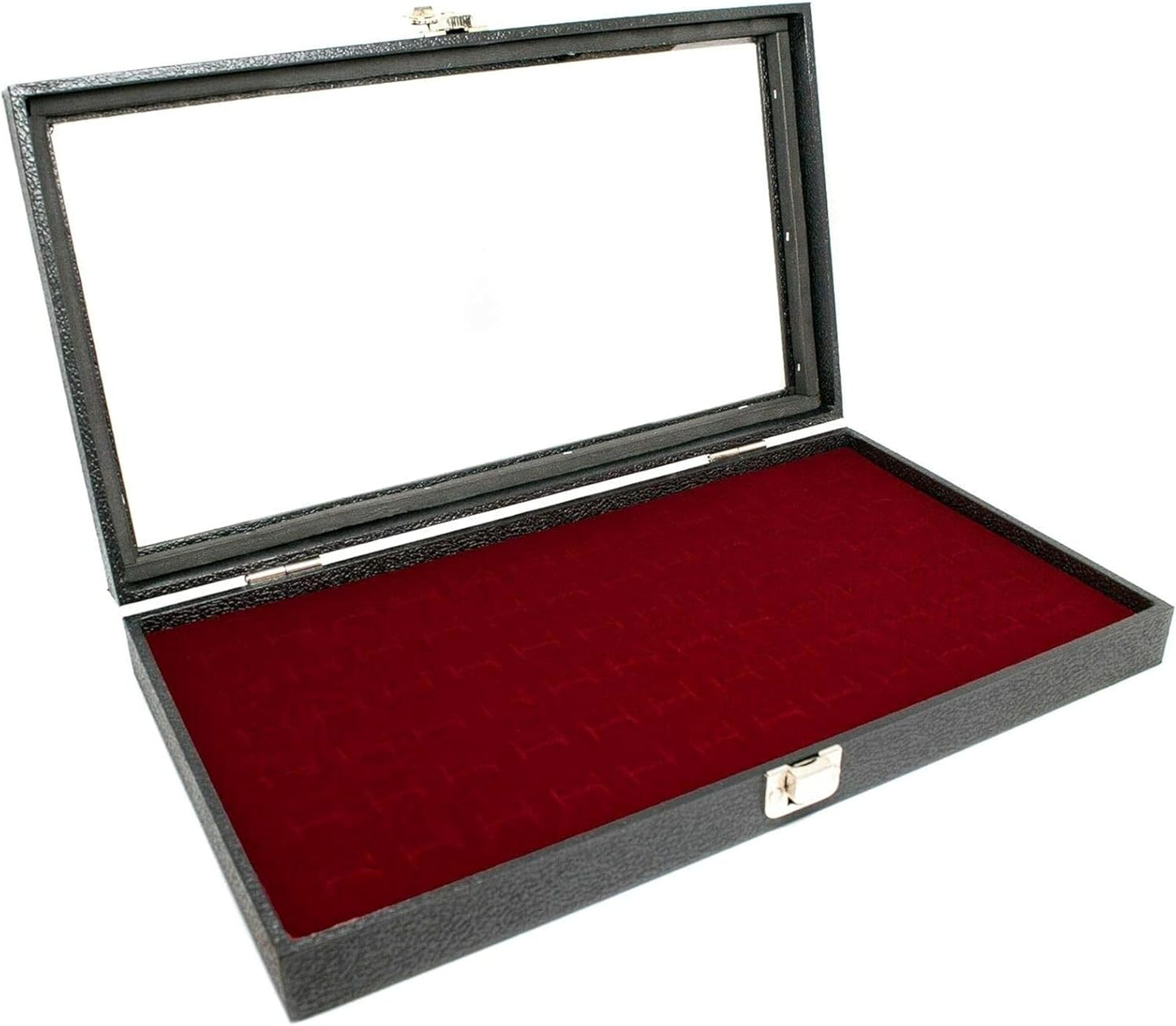 Glass Top Wood Box, Hinged with Latch, 72 Black Ring Foam Insert