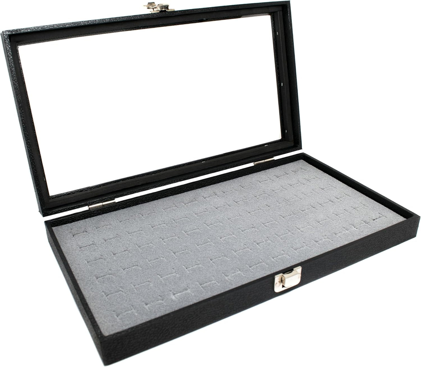 Glass Top Wood Box, Hinged with Latch, 72 Black Ring Foam Insert