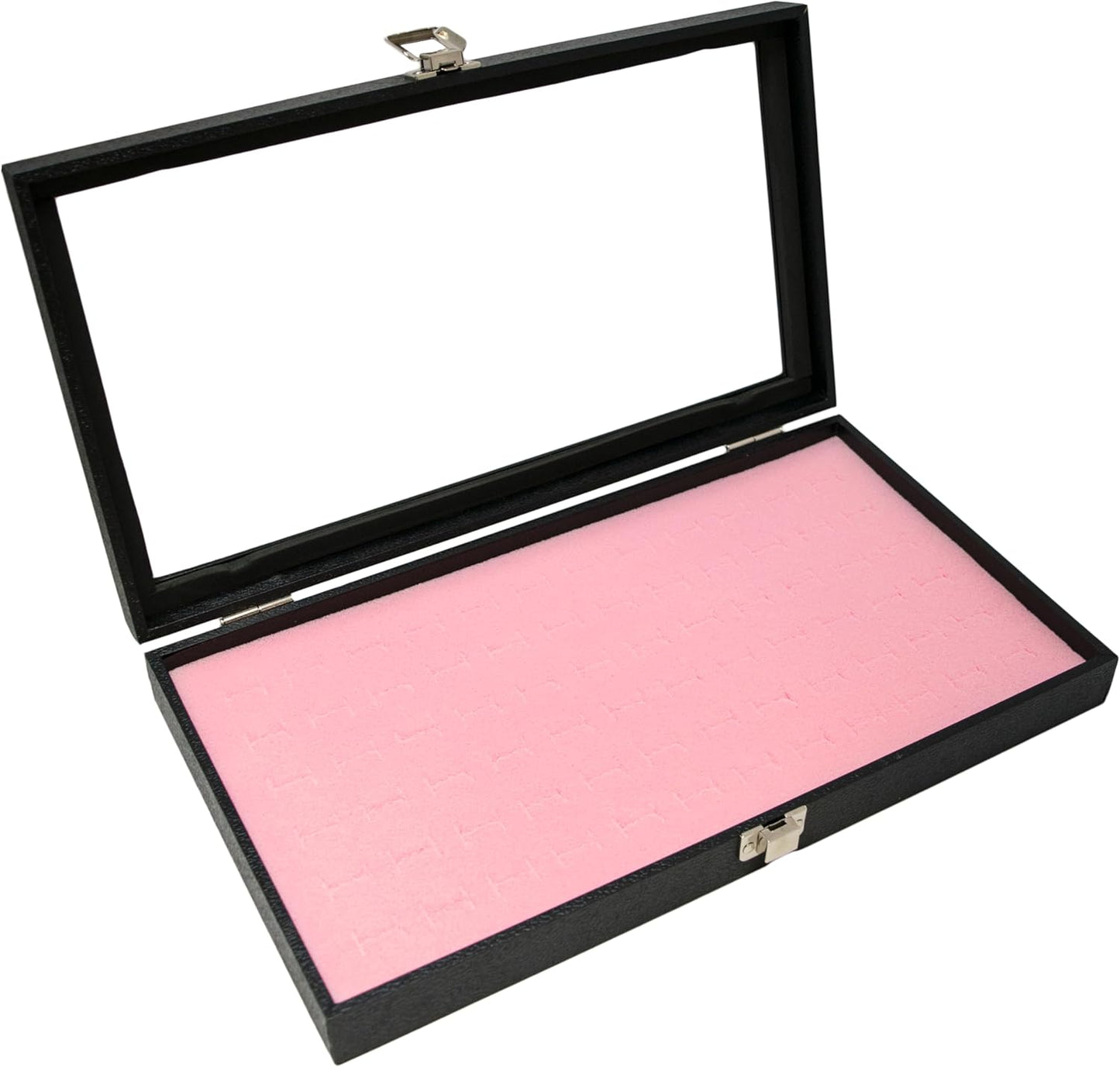 Glass Top Wood Box, Hinged with Latch, 72 Black Ring Foam Insert