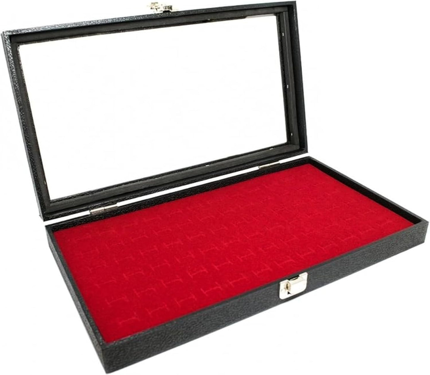 Glass Top Wood Box, Hinged with Latch, 72 Black Ring Foam Insert