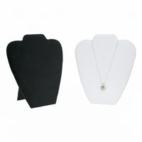Two necklace displays, one with a black easel board and the other with a white easel board, both with a stand for showcasing necklaces or pendants.