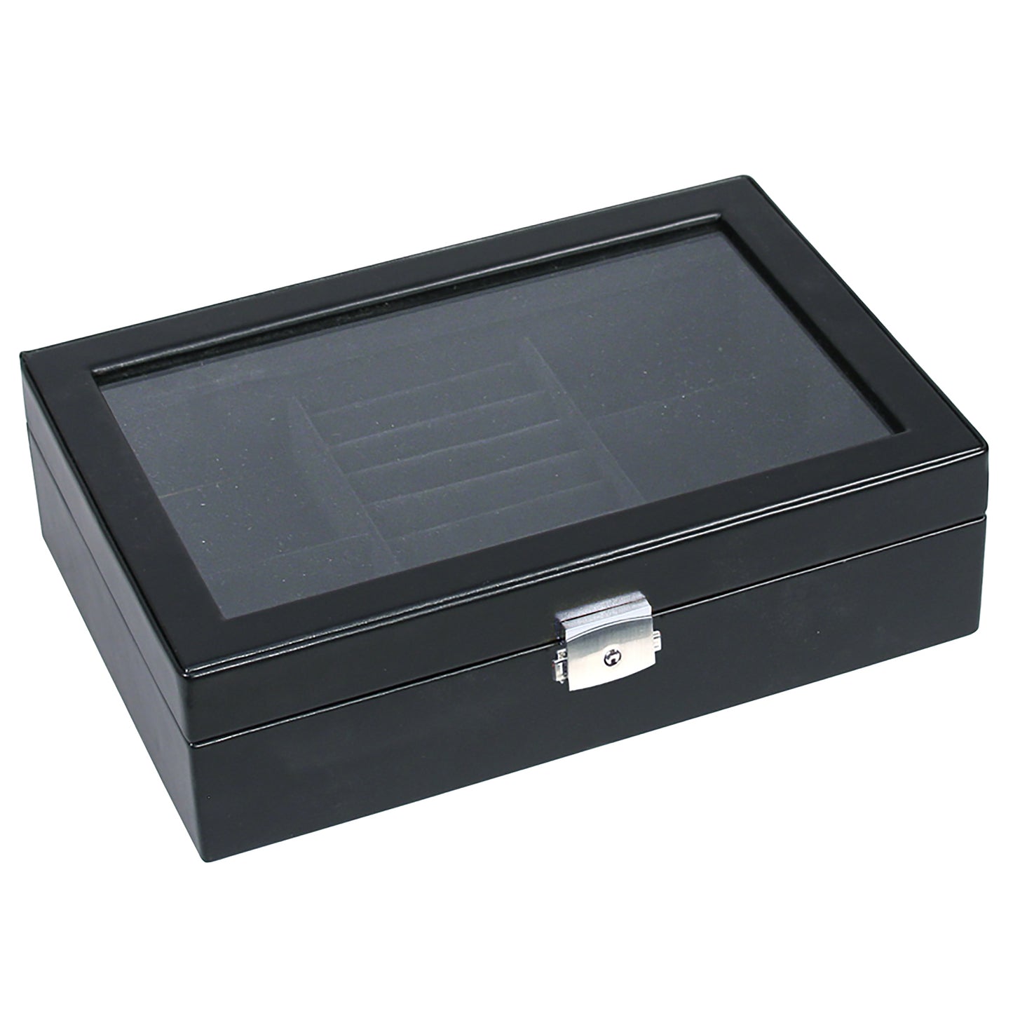 Black Leather Jewelry Storage Case Glass Top Box Display with Lock and Key