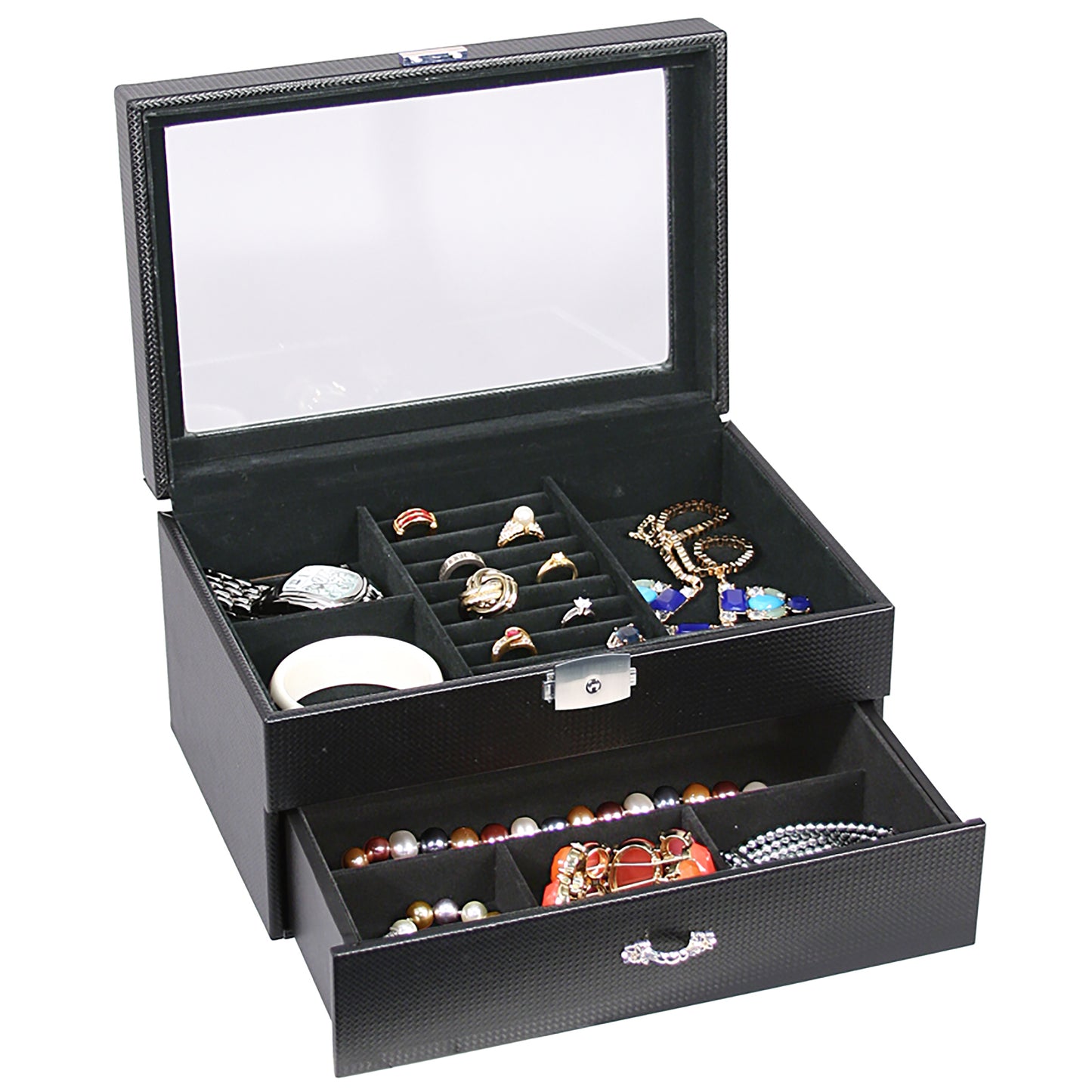 Black Leather Carbon Fiber Jewelry Storage Case w/Drawer Glass Top Lock and Key box Display