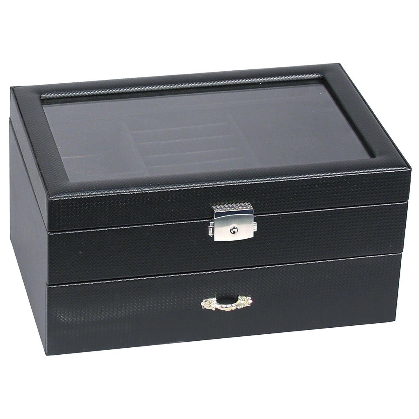 Black Leather Carbon Fiber Jewelry Storage Case w/Drawer Glass Top Lock and Key box Display