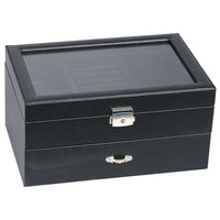 Black Leather Carbon Fiber Jewelry Storage Case w/Drawer Glass Top Lock and Key box Display