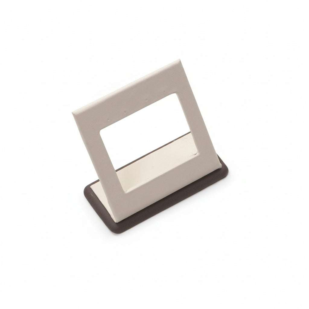 An elegant chocolate and beige leatherette earrings display designed to hold two pairs of earrings.