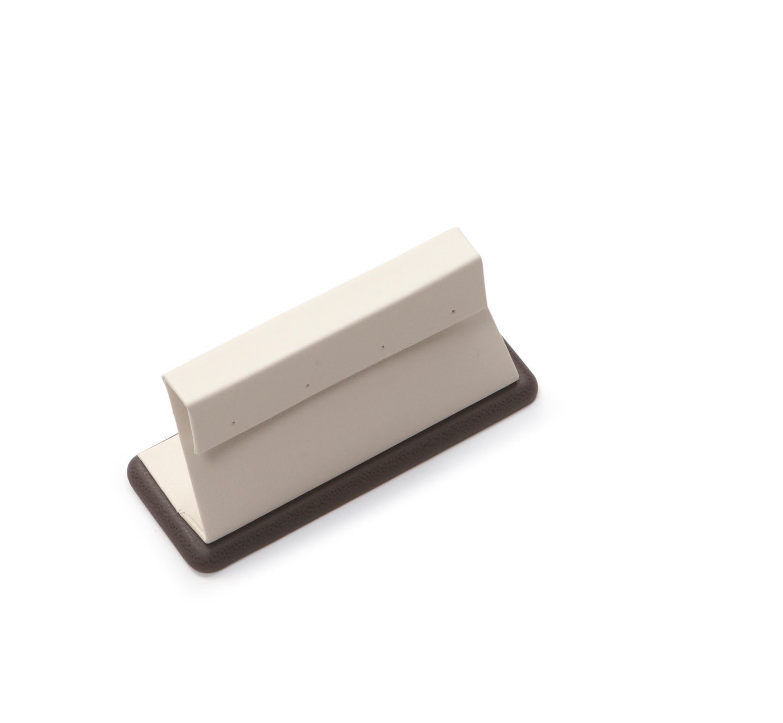 An earring display made of chocolate and beige leatherette, designed to hold two pairs of earrings.