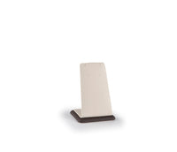 A chocolate and beige leatherette tall pendant stand designed for displaying jewelry.